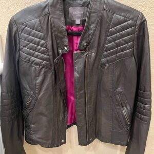 Cole Haan Black Leather Moto Jacket with Pink Lining